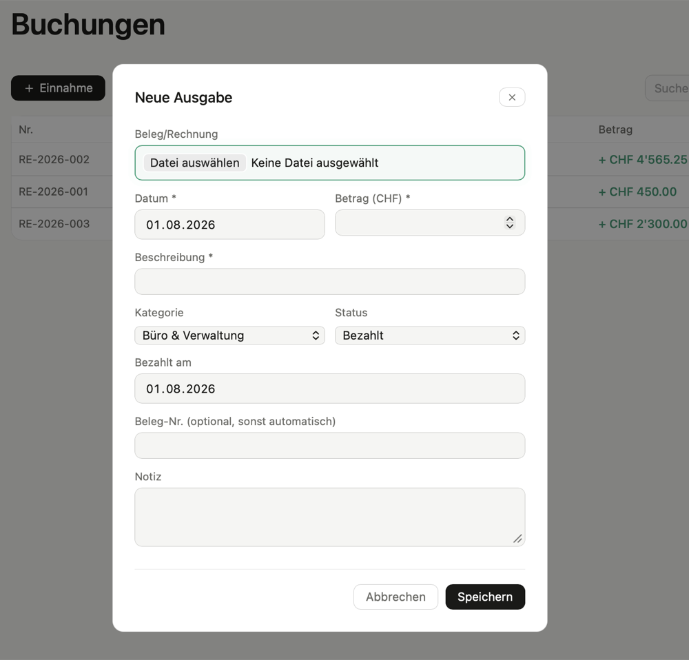 Eingabemaske für eine neue Ausgabe in easyBalance mit Beleg-Upload, Betrag, Kategorie und Status