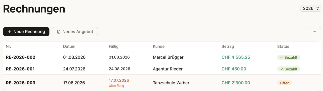 Rechnungsübersicht in easyBalance mit Status bezahlt, offen und überfällig