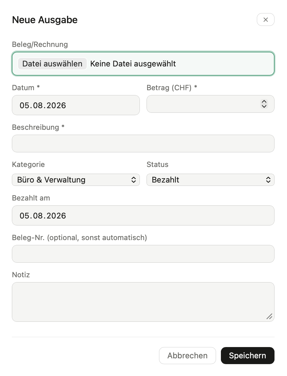 Eingabemaske für eine neue Ausgabe in easyBalance mit Beleg-Upload, Datum, Betrag, Kategorie und Status