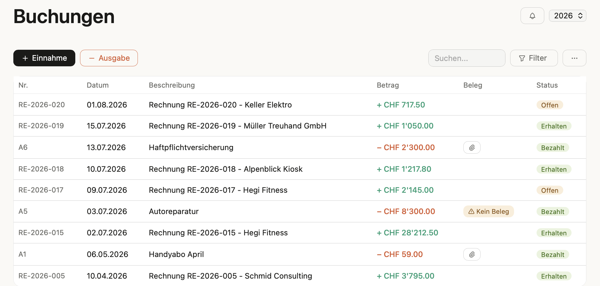 Buchungsliste in easyBalance mit Einnahmen und Ausgaben, Beleg-Anhängen und Status offen, erhalten und bezahlt